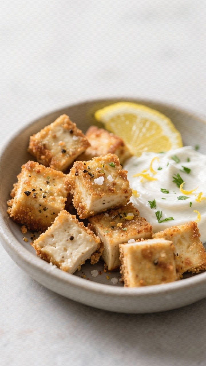Straight-on close-up of crispy lemon-pepper tofu bites: 1-inch cubes of extra-firm tofu with a craggy, cornstarch-crisp exterior, seasoned with lemon pepper, garlic powder, and kosher salt. Presented in a shallow bowl with a side of herby Greek yogurt dip (specks of green herbs visible), lemon zest sprinkled over the tofu, and a thin lemon wedge for cue. Minimalist background to enhance texture and crunch.
