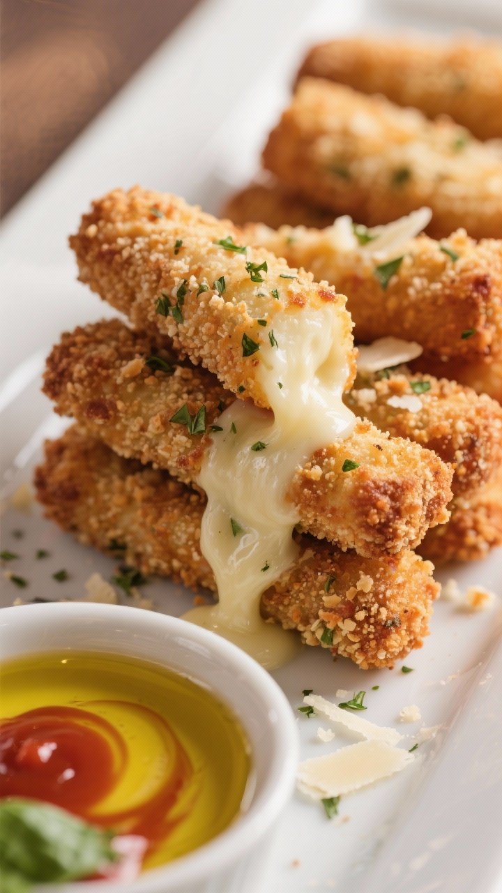 Straight-on close-up of garlic-herb mozzarella sticks stacked and oozing stretchable cheese, coated with a breadcrumb blend of Italian-style crumbs, panko, grated Parmesan, garlic powder, and dried Italian seasoning; crisp, blistered exterior with visible herb flecks; marinara in a shallow saucer with a swirl of olive oil and basil; tight composition, warm tones for maximum crave appeal.