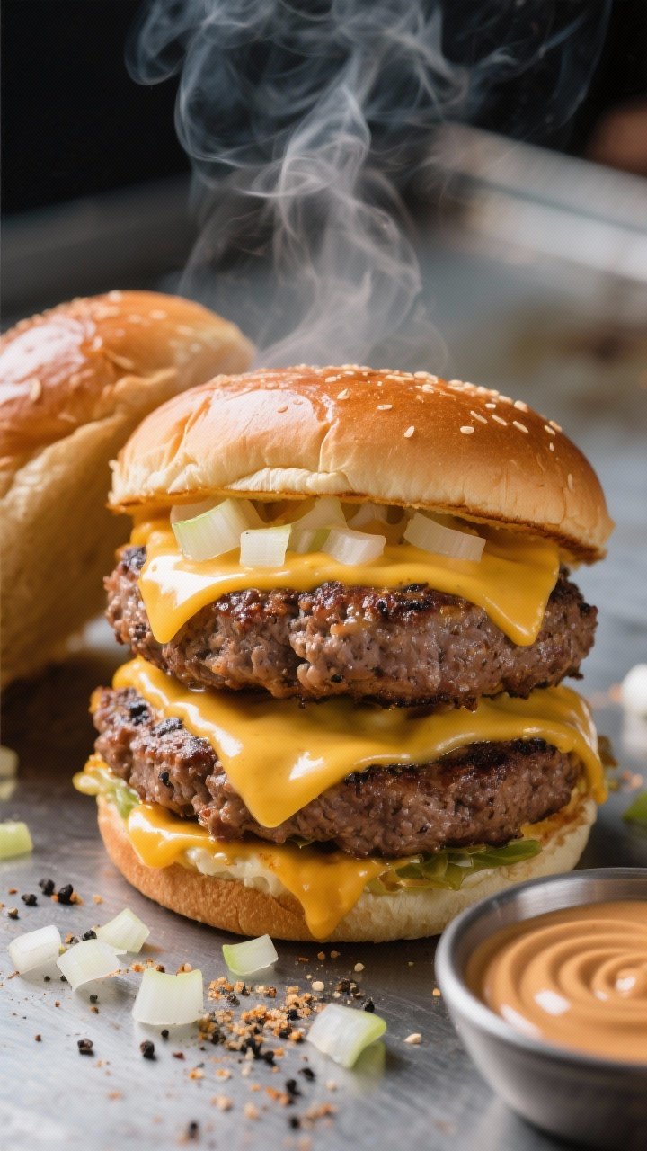 Straight-on close-up of juicy air fryer smash burgers: two stacked patties with melted American cheese cascading over the edges, finely diced onions scattered, glossy toasted buns, a bowl of secret sauce swirled nearby, visible coarse black pepper and garlic powder crust on the patties, steam rising, shot on a stainless surface to echo the griddle vibe.