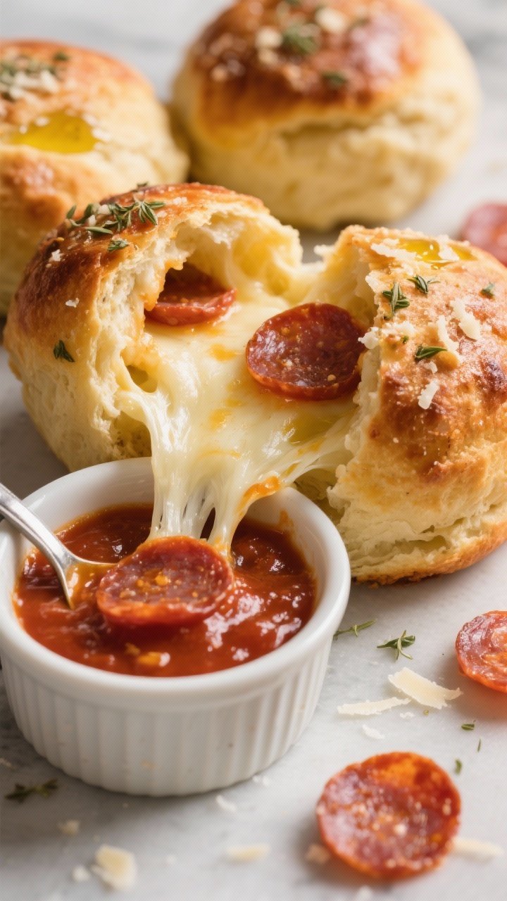 Straight-on, close-up of pepperoni pizza bombs torn open to reveal gooey, stringy low-moisture mozzarella center; golden-brown biscuit or pizza dough exterior brushed with olive oil and sprinkled with a little grated Parmesan and dried oregano; a thick, spoonable pizza sauce shown as a dipping ramekin, with mini pepperoni tucked inside the bombs and a few scattered around; focus on moisture control—no sogginess, clean crumb, and molten cheese pull; warm, inviting light.