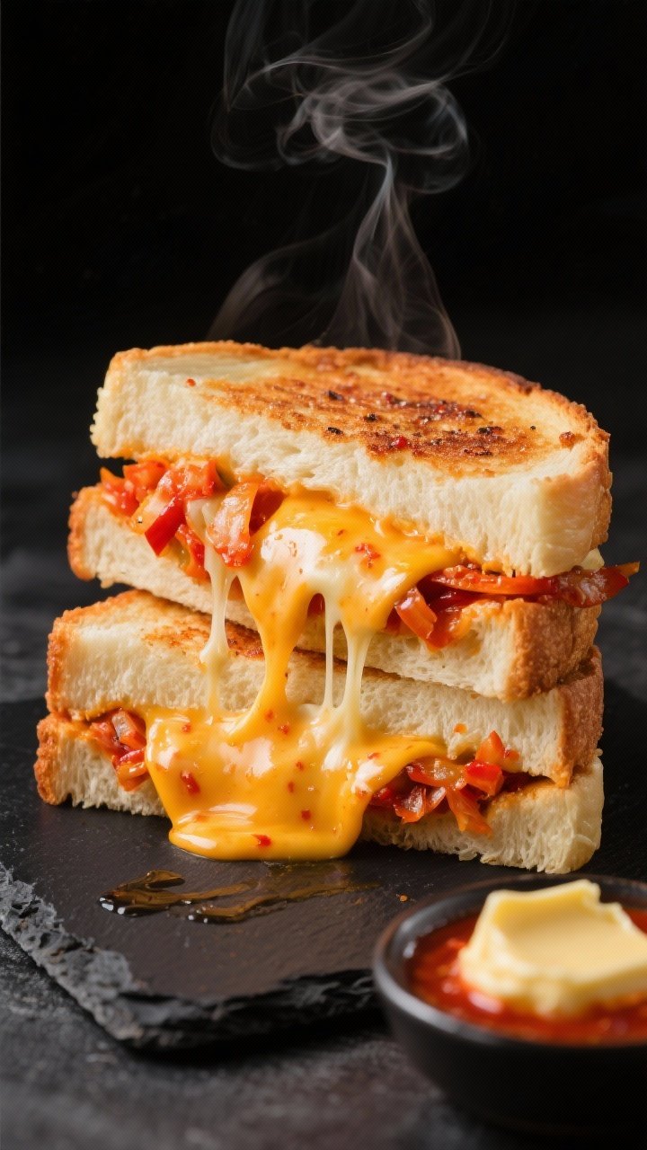 Straight-on close-up of the ultimate kimchi grilled cheese: soft white/milk bread fried in gochujang butter (butter mixed with gochujang for a red-orange tint), filled with a molten blend of shredded low-moisture mozzarella and sharp cheddar, and a generous layer of chopped kimchi; cheese pull captured between two halves, with specks of gochujang on the crust; placed on a black slate to pop the colors, a small dish of extra gochujang butter to the side, steam rising.