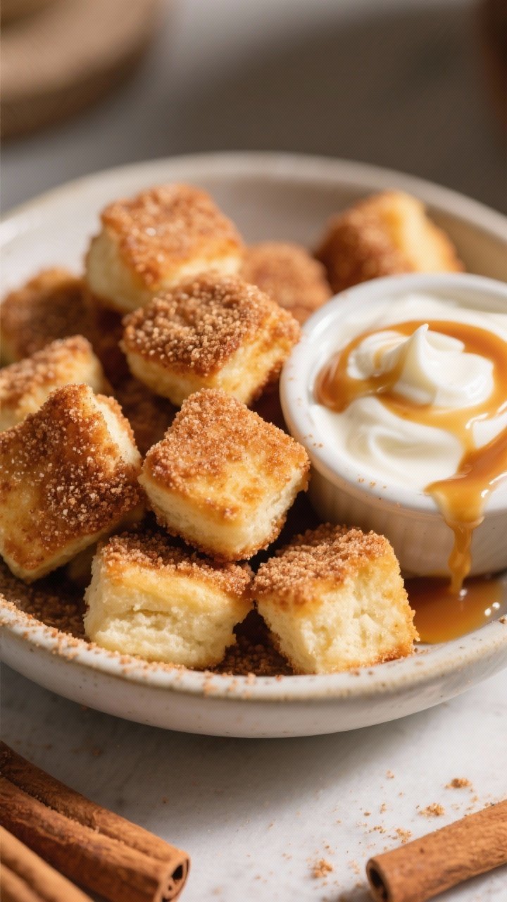 Straight-on dessert close-up of cinnamon sugar churro bites: biscuit dough pieces air-fried, then generously tossed in a sparkling cinnamon-sugar coat, edges crisp and centers pillowy. Presented in a small bowl with a side dish of the 2-ingredient dip (vanilla yogurt swirled with caramel sauce), a few drips of caramel on the rim, warm tones and soft highlights to emphasize sweetness.