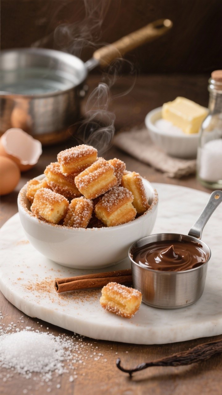 Straight-on dessert scene of cinnamon-sugar churro bites piled in a white bowl, each piece coated in a sparkling mix of sugar and ground cinnamon; a small pot of glossy chocolate dip beside them; background props include a saucepan hinting at water, butter, sugar, and salt used for the choux, plus cracked eggs and vanilla bottle; fine sugar granules and steam subtly visible, inviting, warm-toned lighting.