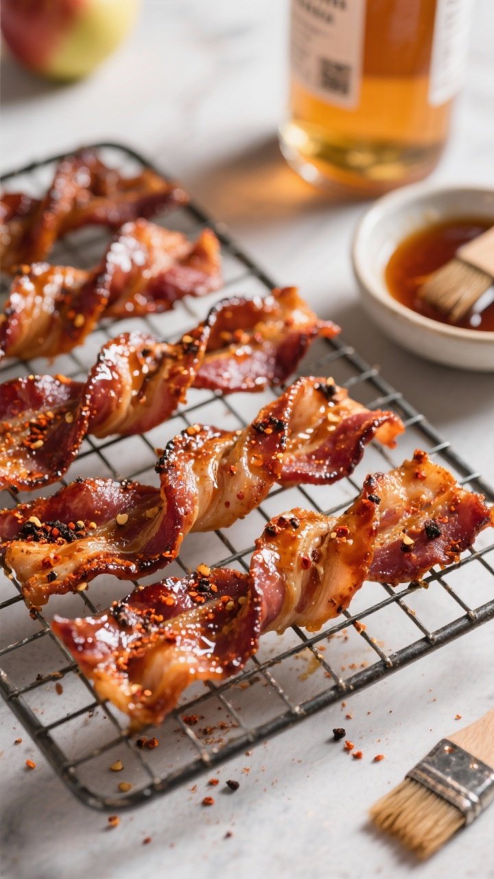 Straight-on dramatic close-up of maple-chili bacon twists on a wire rack, lacquered with a glossy maple syrup glaze, speckled with chili powder, black pepper, and a hint of cayenne. The twists are evenly caramelized with crisp ripples; a small dish of maple-chili glaze with a brush sits to the side, apple cider vinegar bottle blurred in the background.