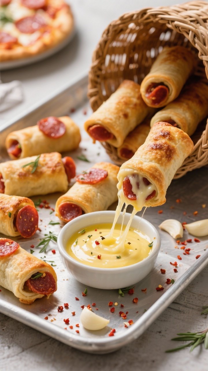 Straight-on game-day spread: Pepperoni pizza rolls tumbling from a basket onto a tray, blistered and golden from the air fryer (light olive oil spray). A warm herby garlic butter dip in a small bowl front and center—visible flecks of grated garlic, Italian seasoning, and crushed red pepper in melted butter. Some rolls dipped with strings of cheese stretching, red pepper flakes sprinkled on the tray, casual, cozy mood.
