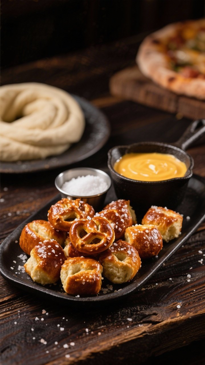 Straight-on hero platter: Golden-brown pretzel bites with deep mahogany sheen from egg wash, coarse pretzel salt crystals sparkling; a warm beer cheese dip in a small cast-iron pot with visible cheddar pull and a hint of pale ale; a small bowl of baking soda solution and a coil of pizza dough blurred in the background as nods to process. Rustic pub vibe, dark wood, soft side lighting to highlight salt and gloss.