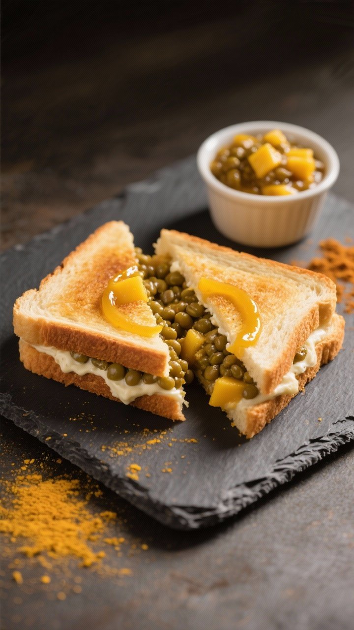 Straight-on hero shot of a curried lentil and mango chutney toastie on a slate plate: toasted bread stuffed with creamy curried lentils (mayonnaise or yogurt-bound) tinted yellow with curry powder and a hint of turmeric; a visible swipe of glossy mango chutney at the seam; a small ramekin of extra chutney and a sprinkle of curry powder for garnish; warm, inviting lighting that enhances the golden tones and aromatic vibey feel.