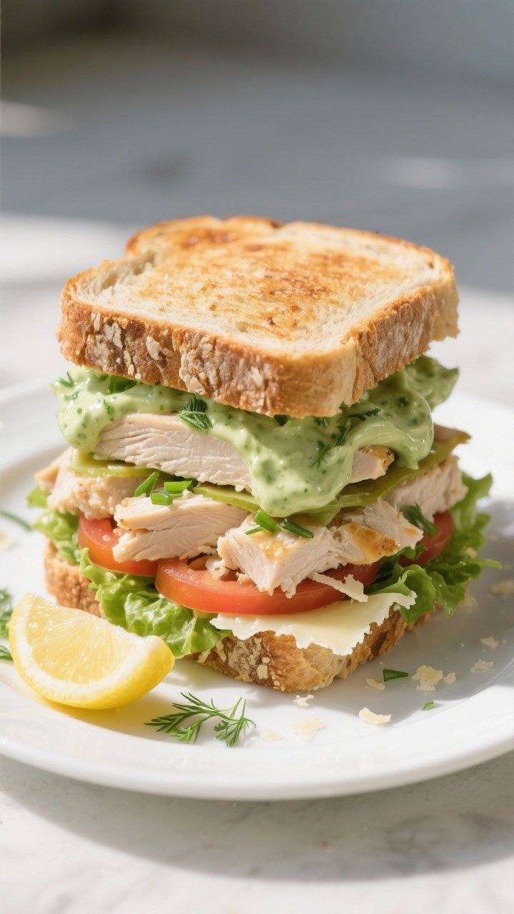 Straight-on hero shot of a stacked green goddess chicken club on sturdy wheat bread: layers of chopped or sliced cooked chicken bound with a green goddess-style mayo-yogurt dressing (mayonnaise, Greek yogurt, lemon juice, dill, chives), crisp lettuce and optional tomato slices; Parmesan frico edges crackling and laced around the sandwich perimeter; glossy, butter-toasted crust; served on a simple white plate with lemon wedge and extra herbs, bright daylight.