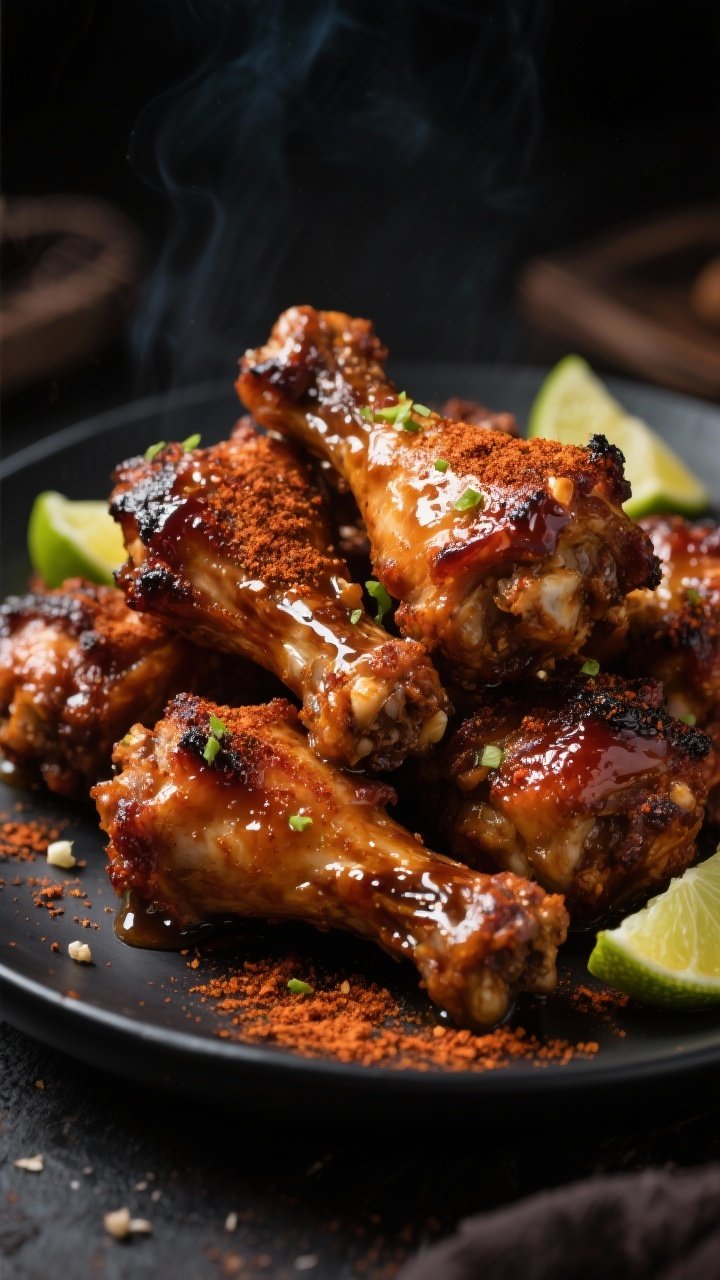 Straight-on hero shot of BBQ dry-rub drumettes piled high on a dark platter: deeply caramelized skin from brown sugar, smoked paprika, chili powder, garlic powder, kosher salt, and black pepper. Glossy honey-lime finish brushed on, with visible lime zest and a few lime wedges tucked in. A light sprinkle of extra dry rub on the plate for atmosphere. Moody, contrasty lighting to enhance lacquered sheen and smoky vibe.