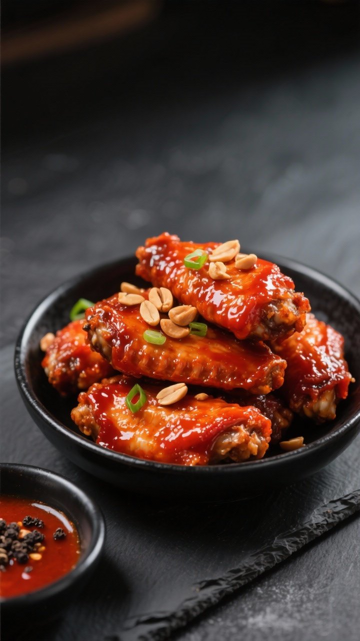 Straight-on hero shot of Korean gochujang wings stacked in a black ceramic bowl, vivid red-orange glaze made from gochujang, honey, and brown sugar clinging thickly; crunchy chopped peanuts and finely sliced scallions sprinkled over; a small side dish of extra gochujang sauce in frame, with black pepper visible on the wings; dark slate backdrop and soft side light for a spicy-sweet, modern Korean vibe.