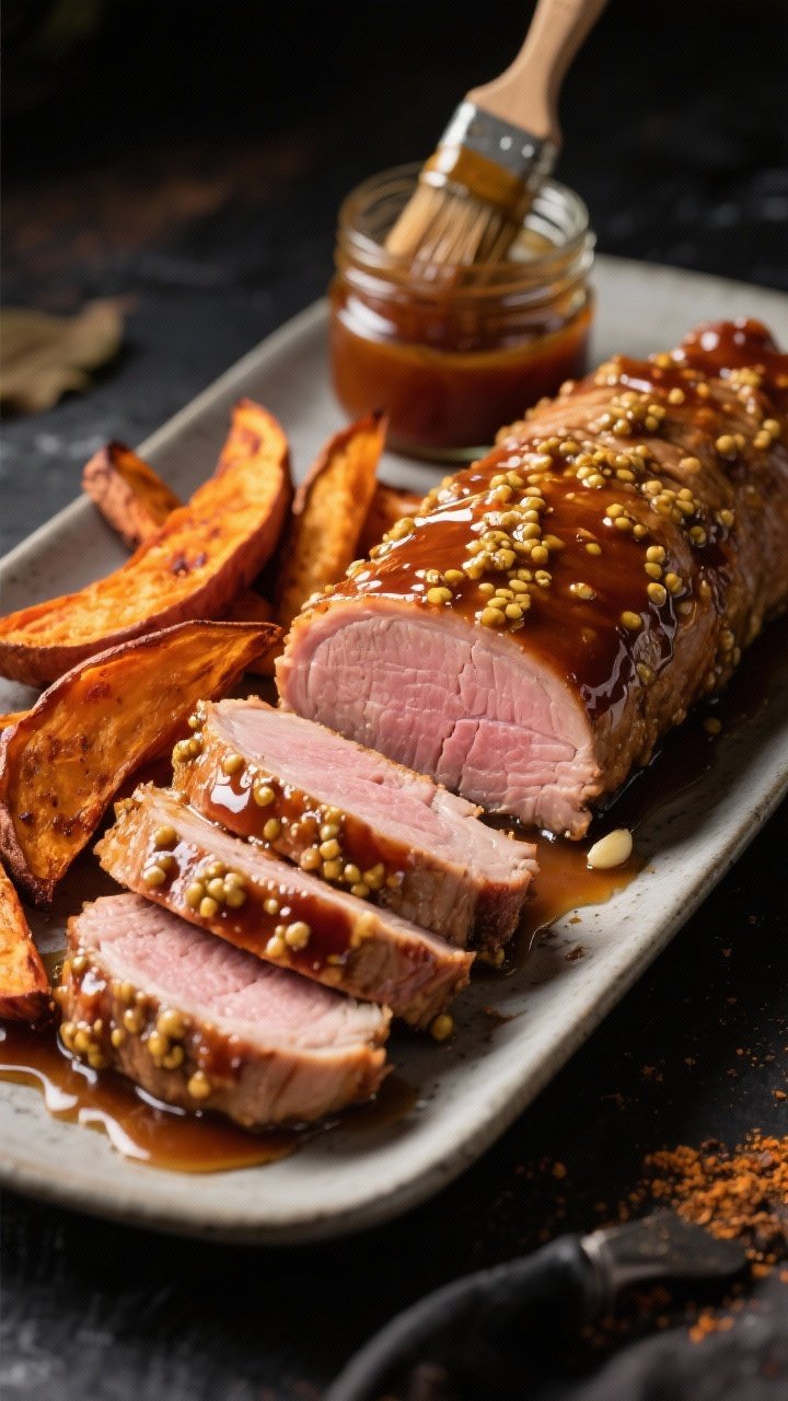Straight-on hero shot of maple-mustard pork tenderloin, sliced into juicy medallions showing a rosy center, glazed with Dijon, whole grain mustard, maple syrup, apple cider vinegar, garlic powder, and kosher salt. Paired with caramelized sweet potato wedges from the air fryer, edges crisp. Presented on a long platter with extra glaze in a small jar and a basting brush; warm, moody light for glossy glaze highlights.