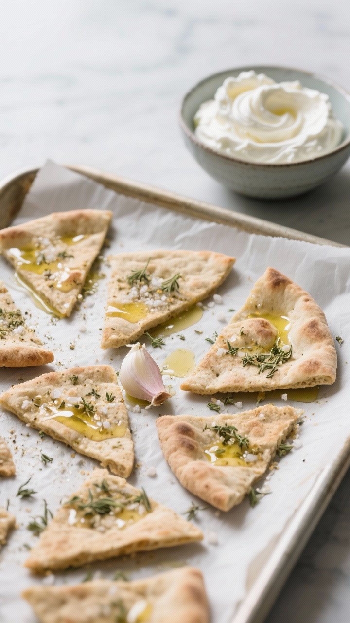 Straight-on ingredient-prep shot of garlic-herb pita chips before baking: whole-wheat pita wedges brushed with olive oil on a parchment-lined tray, evenly dusted with garlic powder, dried oregano, and kosher salt. A bowl of whipped feta “cloud” in the background with soft swirls, ready for dipping. Clean, minimalist composition, cool-toned backdrop, raking light to highlight oil sheen and herb texture.
