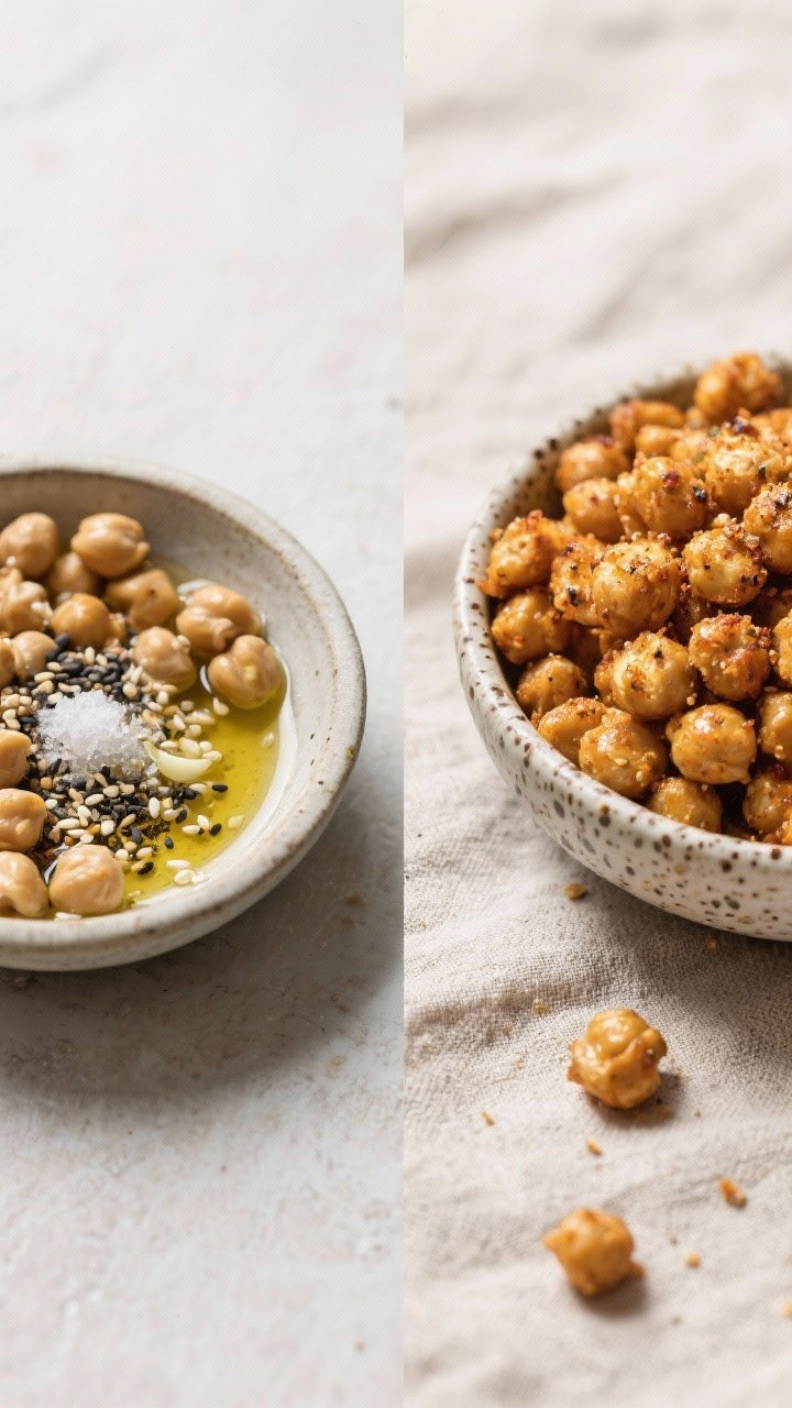 Straight-on ingredient-to-finish diptych concept: left side shows well-dried chickpeas in a bowl with olive oil, kosher salt, and Everything Bagel seasoning (sesame seeds, poppy seeds, dried garlic, dried onion); right side shows the air-fried chickpeas piled high in a small speckled bowl, ultra-crunchy with visible seasoning, a few spilling onto a linen.