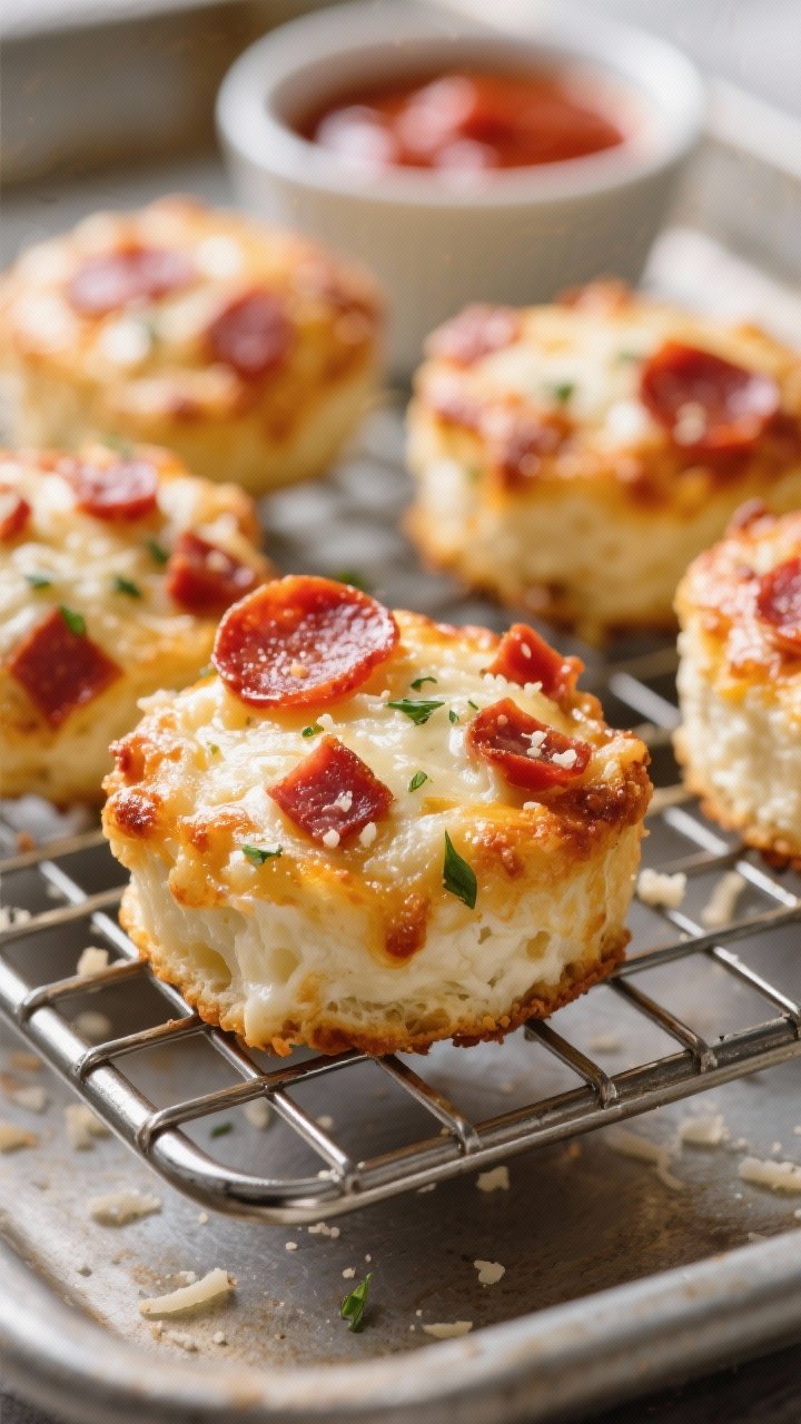 Straight-on macro close-up of Pepperoni Pizza Cottage Cheese Bites: bite-sized, golden edges with visible molten part-skim mozzarella and finely grated Parmesan, studded with finely chopped pepperoni and flecks of chopped herbs. Presented on a small wire rack over a baking sheet to show texture, with a tiny bowl of warm marinara in the background. Crisp, bubbly cheese top, vibrant reds and golds, shallow depth of field.