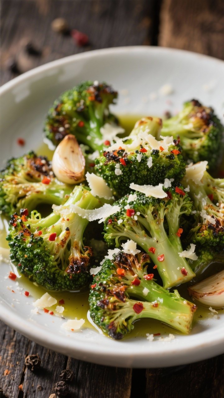 Straight-on macro of garlic-parmesan broccoli florets in a shallow white bowl: blistered, deeply roasted edges, visible garlic powder granules, red pepper flake sparkle, and a snow of finely grated Parmesan; olive oil glistening; black pepper specks; dark rustic wood background with soft vignette to highlight the vibrant green.