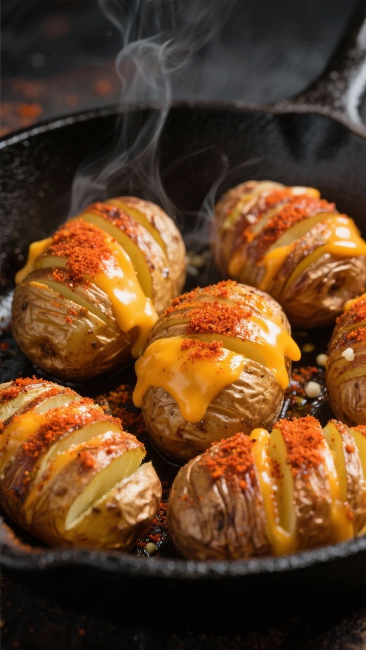 Straight-on macro shot of cheesy smoked paprika hasselback baby potatoes, each small potato finely fanned and roasted until edges curl, dusted with smoked paprika, garlic powder, salt, and pepper, melted sharp cheddar cascading into the slits; placed on a black cast-iron skillet for contrast, steam softly rising, dramatic light highlighting orange-red paprika and glossy cheese.