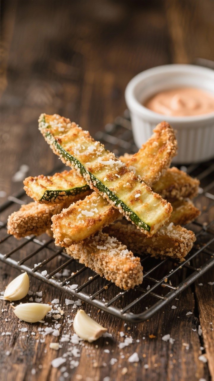 Straight-on macro shot of garlic-Parmesan zucchini fries stacked in a crosshatch on a wire rack, showing the whole wheat panko and finely grated Parmesan crust. Sprinkle of garlic powder and sea salt on the surface, a small ramekin of light marinara in the background. Crisp, browned ridges visible on the fry-sized sticks, set against a rustic wooden table.