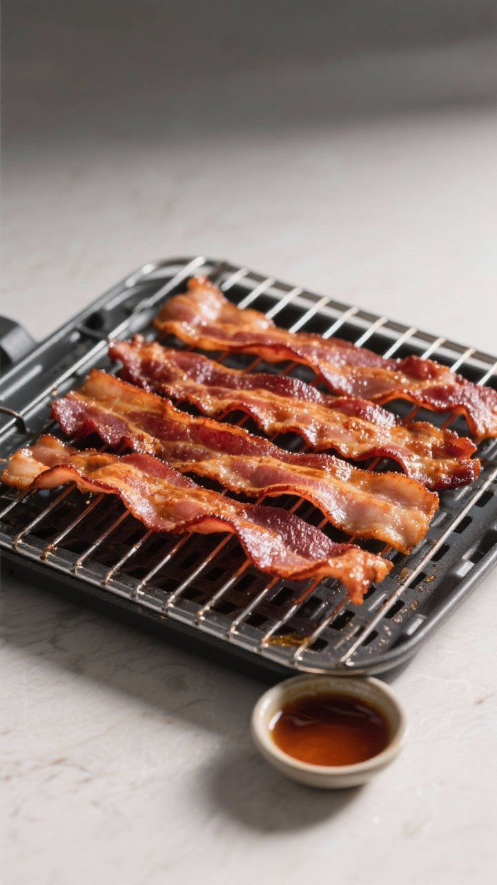 Straight-on minimalist image of foolproof air fryer bacon: eight slices of thick-cut bacon arranged in neat rows on the air fryer rack, rendered glossy and mahogany with rippled edges; a small dish collecting drippings below to emphasize no-splatter cooking; crisp texture highlighted with directional light.