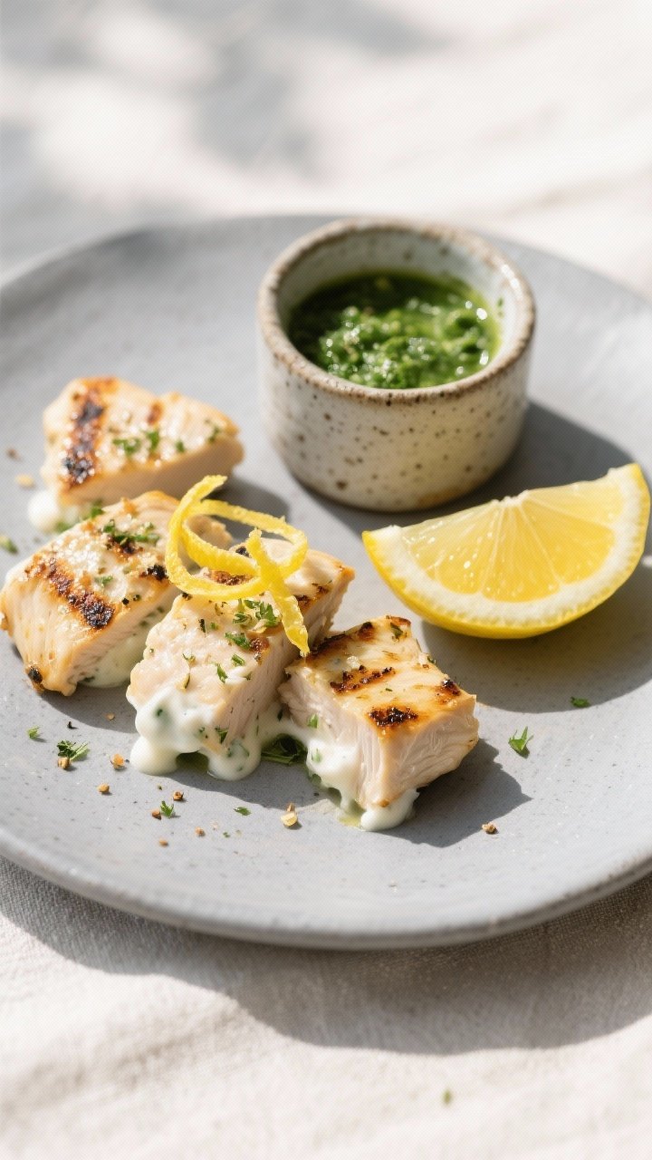 Straight-on, minimalist plated Lemon Pepper Yogurt chicken bites: lightly charred edges with a tangy yogurt sheen, speckled with lemon pepper and garlic. Garnish with curls of lemon zest and a wedge of lemon; serve alongside a vibrant herby green goddess sauce in a small stoneware cup. Place bites on a cool gray ceramic plate over a light linen; bright, natural daylight to highlight fresh citrus and herb notes.