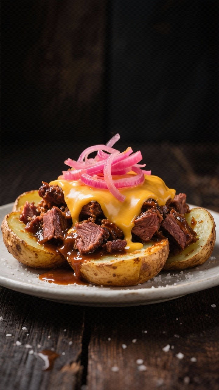 Straight-on, moody BBQ brisket skins: russet potato halves crisped with olive oil and kosher salt, piled with chopped brisket tossed in a smoky (not too sweet) BBQ sauce, topped with melted shredded smoked gouda/cheddar; garnished with a tangle of bright pink pickled onions for snap; dark wood backdrop, glistening sauce, cheese pull visible on one skin.