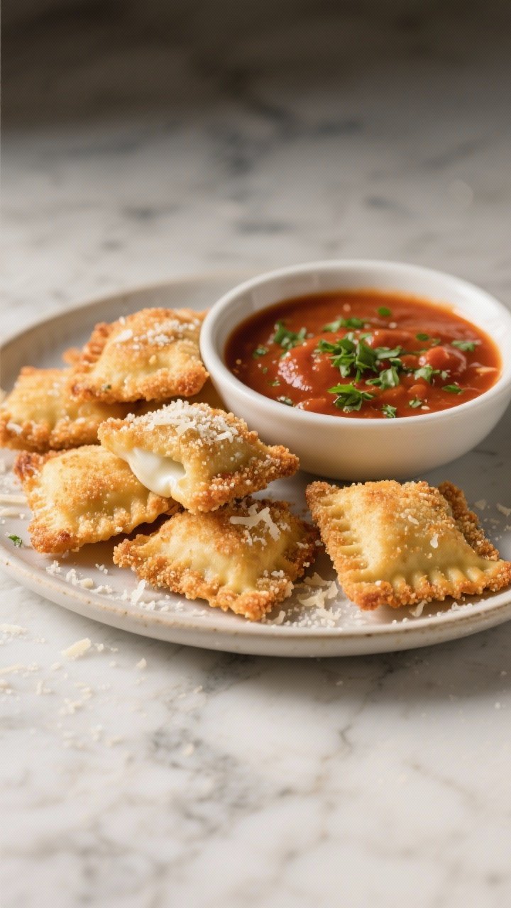 Straight-on plated appetizer shot of toasted ravioli bites: breaded frozen ravioli (buttermilk dip, Italian breadcrumbs and grated Parmesan with garlic powder) air-fried to deep golden and stacked casually, Parmesan dusted. A warm bowl of herby marinara for dipping in the background with visible flecks of parsley and oregano. Crisp texture emphasized with side lighting on a marble surface.