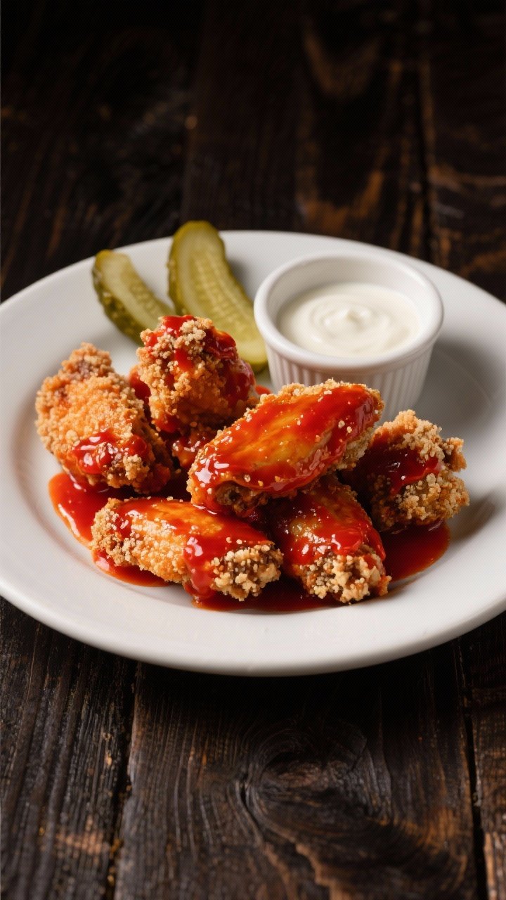 Straight-on plated contrast: Nashville hot boneless wings with a fiery red oil sheen, made from buttermilk-tenderized chicken thighs, dredged in panko and cornstarch, air-fried to an extra-crispy crust, then brushed with spicy Nashville hot oil. Serve alongside a cool buttermilk dip in a ramekin and a few bread-and-butter pickles for authenticity. Dark wood backdrop, moody lighting to emphasize the spicy glaze and crunchy texture.