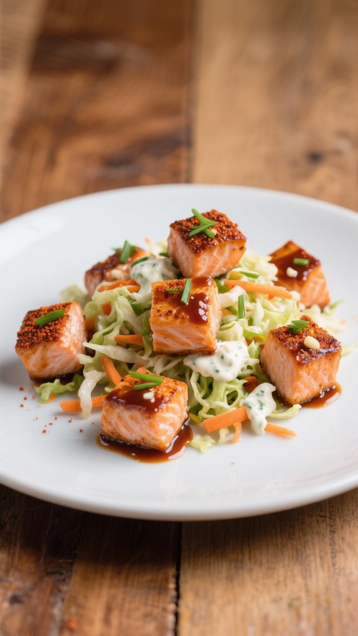 Straight-on plated hero of BBQ Ranch Salmon Bites With Crunchy Slaw: caramelized salmon cubes seasoned with ranch, smoked paprika, garlic powder, kosher salt, and pepper, lightly glossed with BBQ sauce, arranged over a colorful slaw mound for contrast. Slaw features shredded cabbage and carrots for crunch, lightly dressed. Garnished with chives, presented on a matte white plate over a wooden table, clean, vibrant, appetizing.