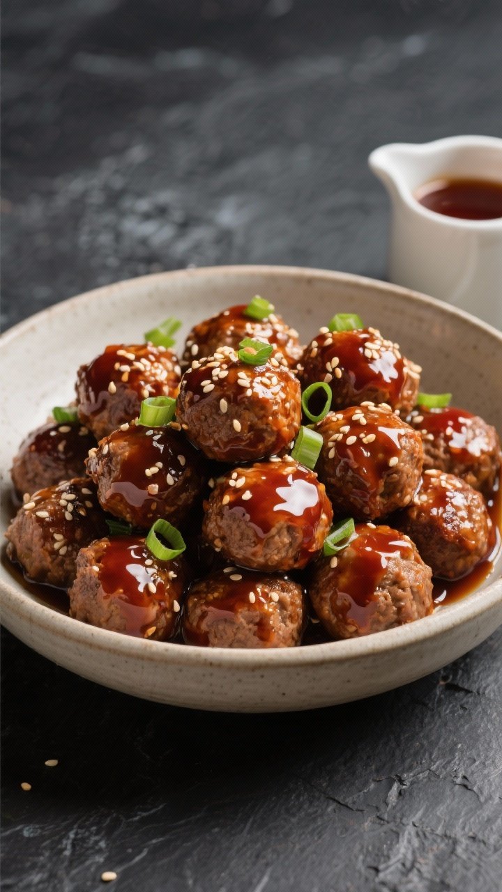 Straight-on plated party scene of glossy honey-soy meatballs piled high in a wide, shallow serving bowl: frozen meatballs glazed with a sticky mix of low-sodium soy sauce, honey, rice vinegar, ketchup, and a whisper of sesame oil; sprinkled with sesame seeds and thinly sliced scallions; a small pitcher of extra glaze beside the bowl; neutral ceramic and dark slate backdrop to emphasize the deep mahogany glaze.