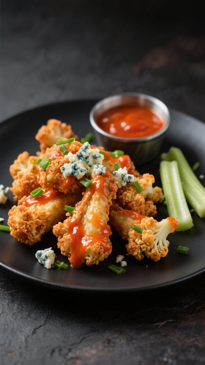 Straight-on plated presentation: Crispy cauliflower buffalo “wings” with a fiery buffalo sauce gloss (butter/oil emulsified), arranged on a matte black plate. Crumbled blue cheese scattered over top, chopped chives for green pop, and neat celery sticks tucked to the side. Emphasize crackly battered texture and saucy shine, with a small ramekin of extra buffalo sauce behind for depth.