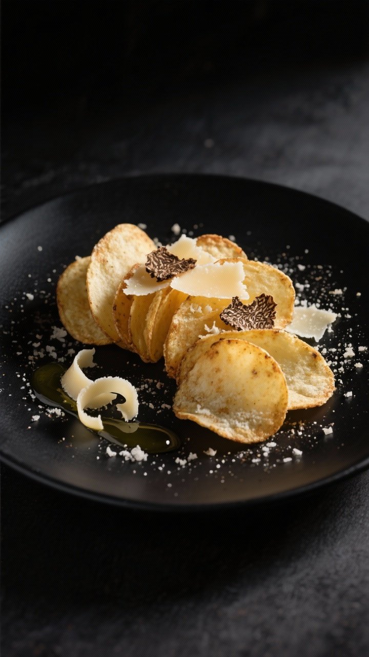 Straight-on plated presentation: Elegant Parmesan truffle potato crisps fanned on a matte black plate, dusted with finely grated Parmesan, a whisper of garlic powder, and a drizzle-gloss from olive and truffle oil. Garnished with a few shaved Parmesan curls and a tiny pinch of kosher salt. Dark, moody lighting with dramatic side light to emphasize truffle luxury and the crisp texture, minimal background, fine-dining vibe.