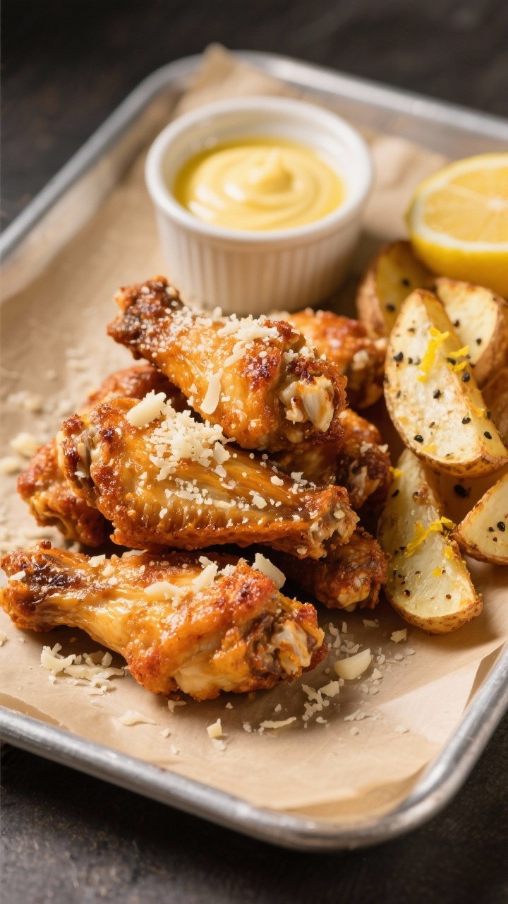 Straight-on plated presentation: garlic-Parmesan party wings stacked high, blistered and crackly from baking powder crisping, dusted with Parmesan and speckled with garlic. Next to them, lemon-pepper potato wedges with visible cracked black pepper and a glossy lemon zest finish. Served on a parchment-lined tray with a ramekin of melted unsalted butter-garlic drizzle, warm, golden lighting emphasizing crunch.