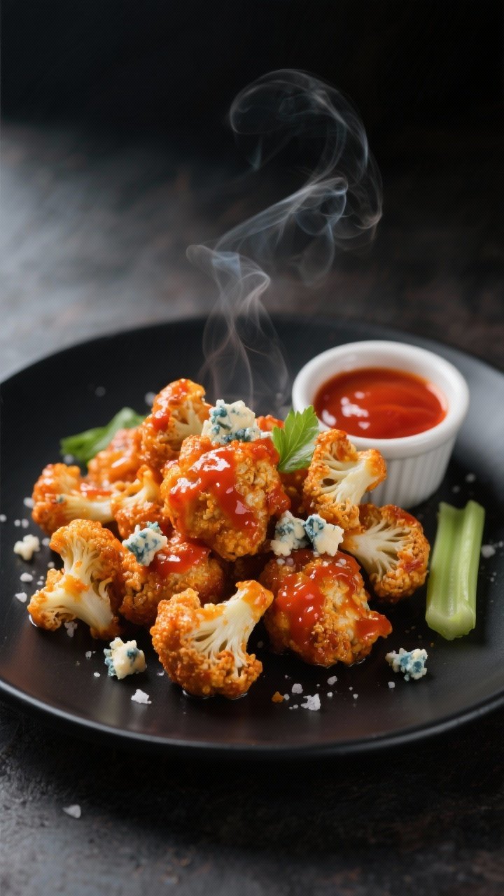 Straight-on plated presentation of buffalo cauliflower bites piled on a matte black plate, each floret lacquered in vibrant hot sauce, lightly crisped from a cornstarch-olive oil coating. Sprinkled with blue cheese crumbles and a pinch of kosher salt, with a side ramekin of extra hot sauce. Steam subtly rising, garnished with a few celery leaves for color; moody background, directional light to catch the glossy sauce and craggy texture.