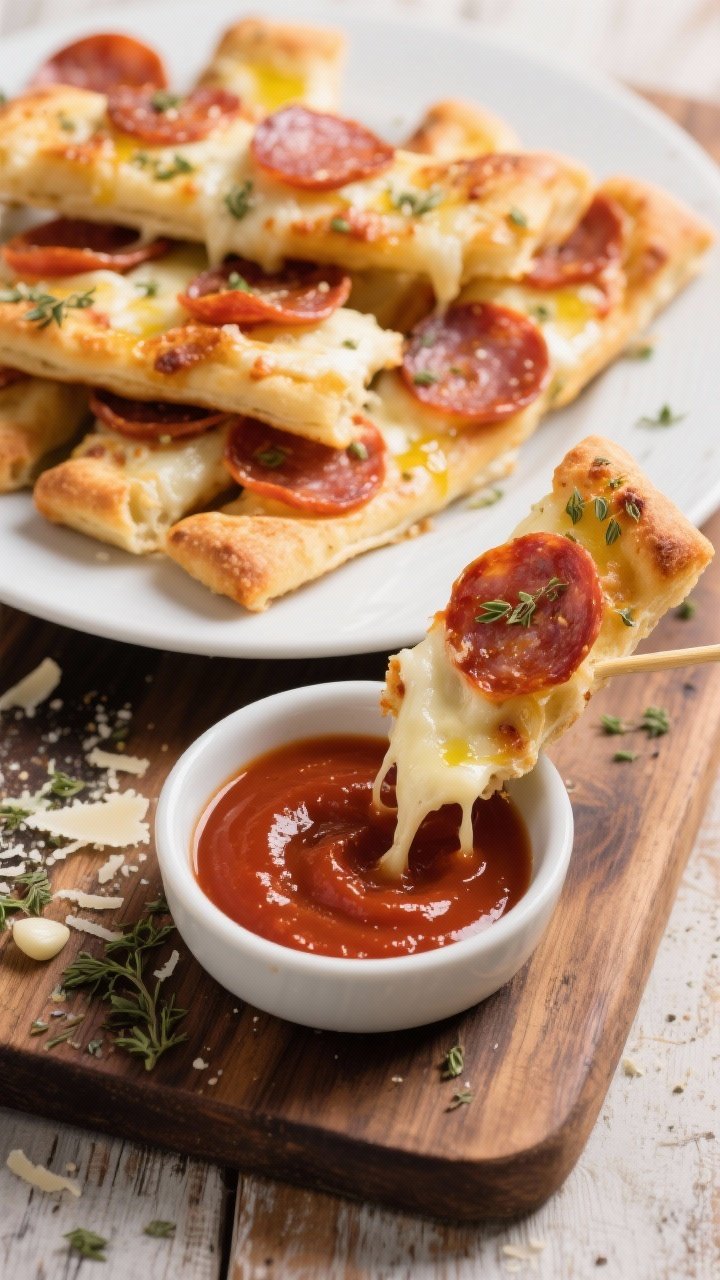 Straight-on plated presentation of pepperoni pizza dippers: golden-brown pizza dough strips brushed with olive oil, filled with melted low-moisture mozzarella and stacked pepperoni, edges sprinkled with dried oregano, garlic powder, and grated Parmesan. A shallow bowl of glossy marinara for dunking front and center, cheese pull visible from a torn dipper. Rustic wooden board backdrop with a light dusting of oregano.
