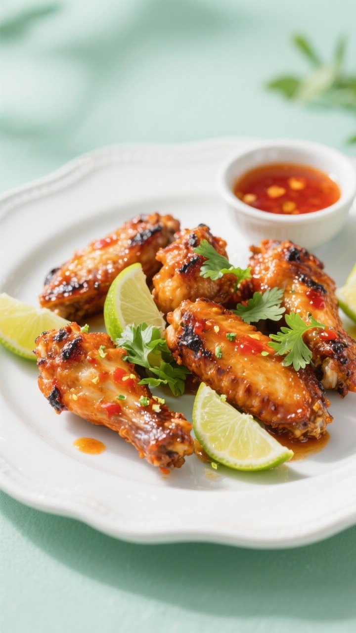 Straight-on plated presentation of sweet chili lime wings, edges caramelized and charred in spots. Wings lacquered with Thai sweet chili sauce, kissed with fish sauce, lime juice, and lime zest. Garnished with thin lime wheels and chopped cilantro on a white ceramic plate, a small bowl of extra sweet chili sauce behind. Bright, tropical color palette, crisp edges clearly defined.