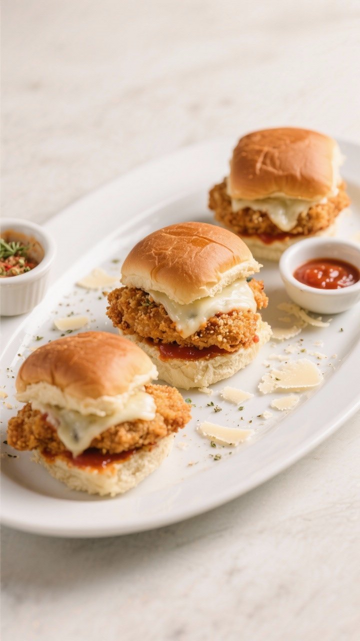Straight-on plated scene of crispy chicken Parmesan sliders: slider buns with panko-Parmesan breaded chicken cutlets, lightly golden and crunchy, layered with marinara, melted mozzarella pull, and a dusting of Italian seasoning and garlic powder. Arrange three sliders on a white oval plate with extra Parmesan shavings and a small bowl of marinara. Warm, inviting light; focus on cheese melt and crumb texture.