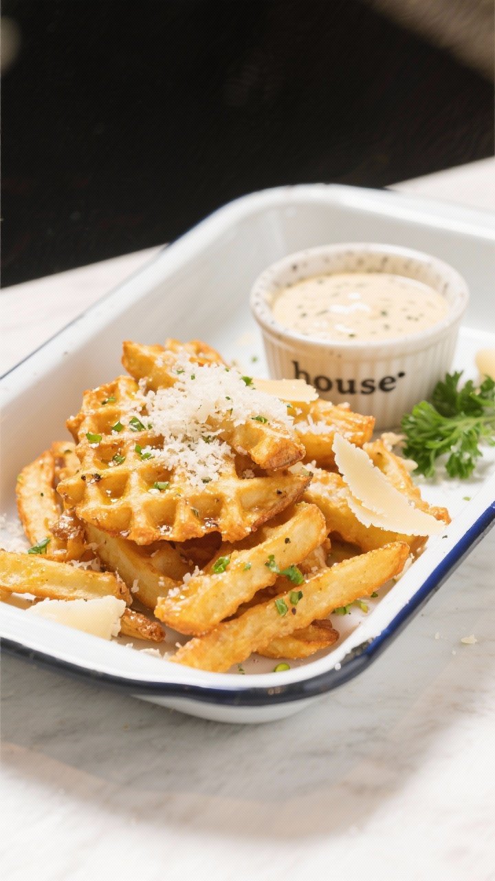 Straight-on plated shot: Garlic-Parmesan waffle fries just out of the air fryer, edges deeply golden and ridged, glistening with olive oil and melted butter, flecked with minced garlic, Italian seasoning, and a heavy snowfall of finely grated Parmesan; served in a white enamel tray with a “house” dipping sauce in a ramekin (creamy, speckled), a few Parmesan shavings and parsley sprinkles around. Clean, bright lighting to capture texture and cheese detail.