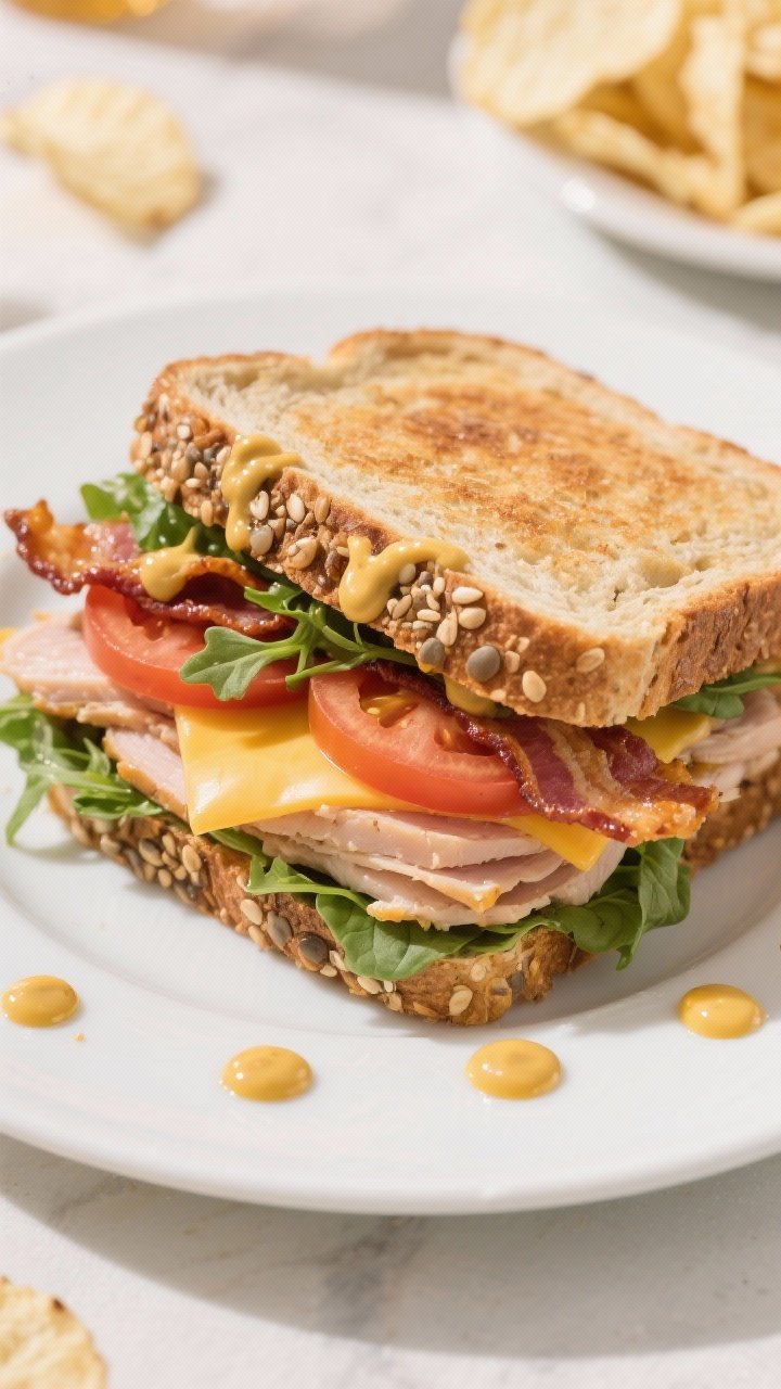 Straight-on plated shot of a Honey Mustard Turkey Crunch Club cut on the bias: multigrain bread toasted, visible seeds, layers of roasted turkey, sharp cheddar, two crisp bacon strips, juicy tomato slices, baby spinach or arugula, and a shiny honey mustard spread peeking at the edges. Add a few honey mustard dots on the plate, chips in the background, bright daylight for a fresh, game-day lunch feel.
