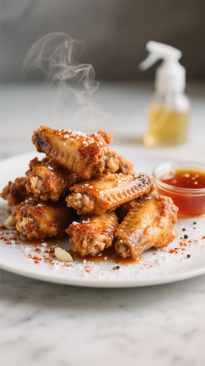 Straight-on plated shot of buttermilk-brined hot honey chicken wings piled high, ultra-crispy skin from being patted dry and dusted with cornstarch, lacquered with hot honey, paprika, garlic powder, kosher salt, and black pepper; a small dish of extra hot honey glaze beside, faint steam visible, minimal oil spray bottle blurred in background to nod to moisture control.