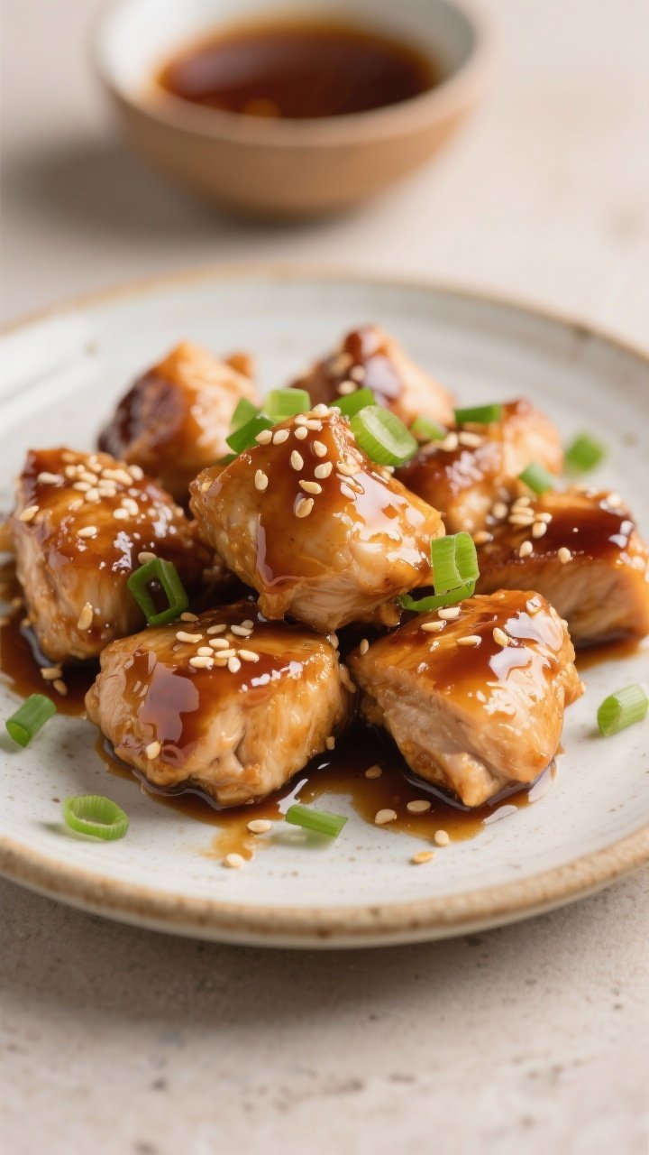 Straight-on plated shot of honey-soy chicken bites: bite-size pieces of boneless, skinless chicken thighs caramelized and lacquered with a glossy sauce of soy, honey, brown sugar, oil, and a splash of rice vinegar or apple cider vinegar. Garnished with sesame seeds and thinly sliced green onion on a shallow ceramic plate, a small bowl of extra sauce in the background, warm tones and a sticky, irresistible sheen.