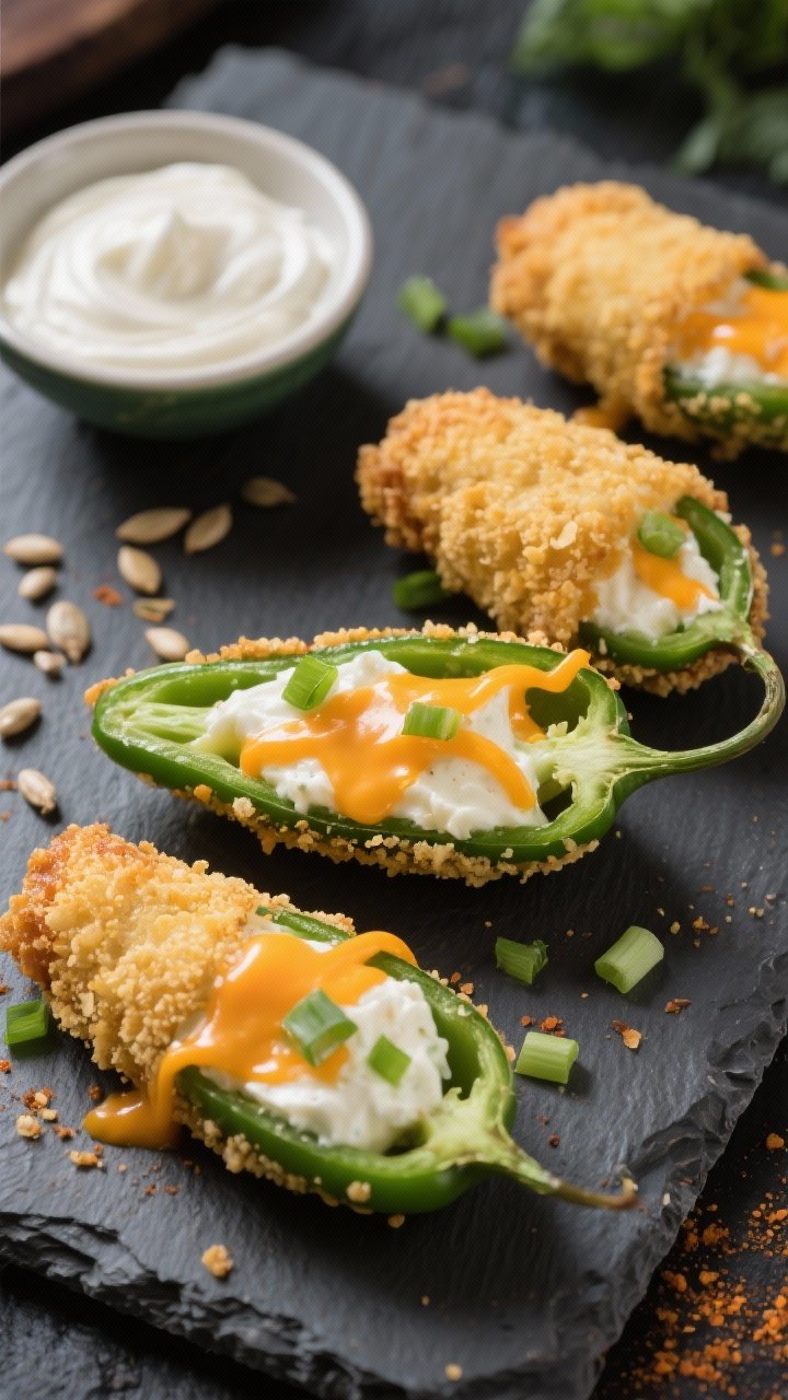 Straight-on plated shot of jalapeño poppers: halved jalapeños stuffed with a creamy blend of cream cheese, sharp cheddar, scallions, and garlic powder, wrapped in a coarse golden panko jacket; arranged on a slate board with a small bowl of cooling sour cream, seeds scattered artfully, vibrant green peppers contrasting with molten orange cheese threads.