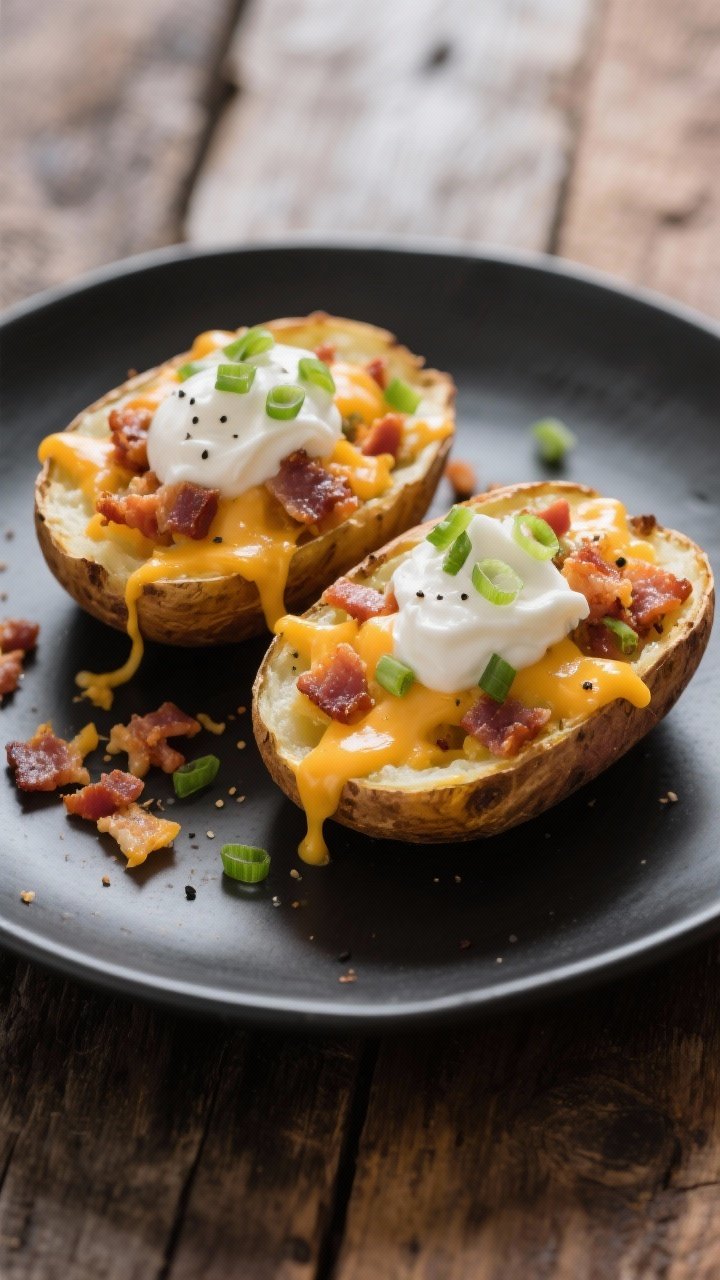 Straight-on plated shot of loaded potato skins: russet potato halves with crisped, salt-and-pepper shells, interiors piled with melted sharp cheddar and crumbled bacon; dollops of sour cream and a sprinkle of sliced scallions on top; cheese pull visible on one piece; served on a matte black plate over a rustic wooden table, crumbs of bacon and cheddar scattered artfully.