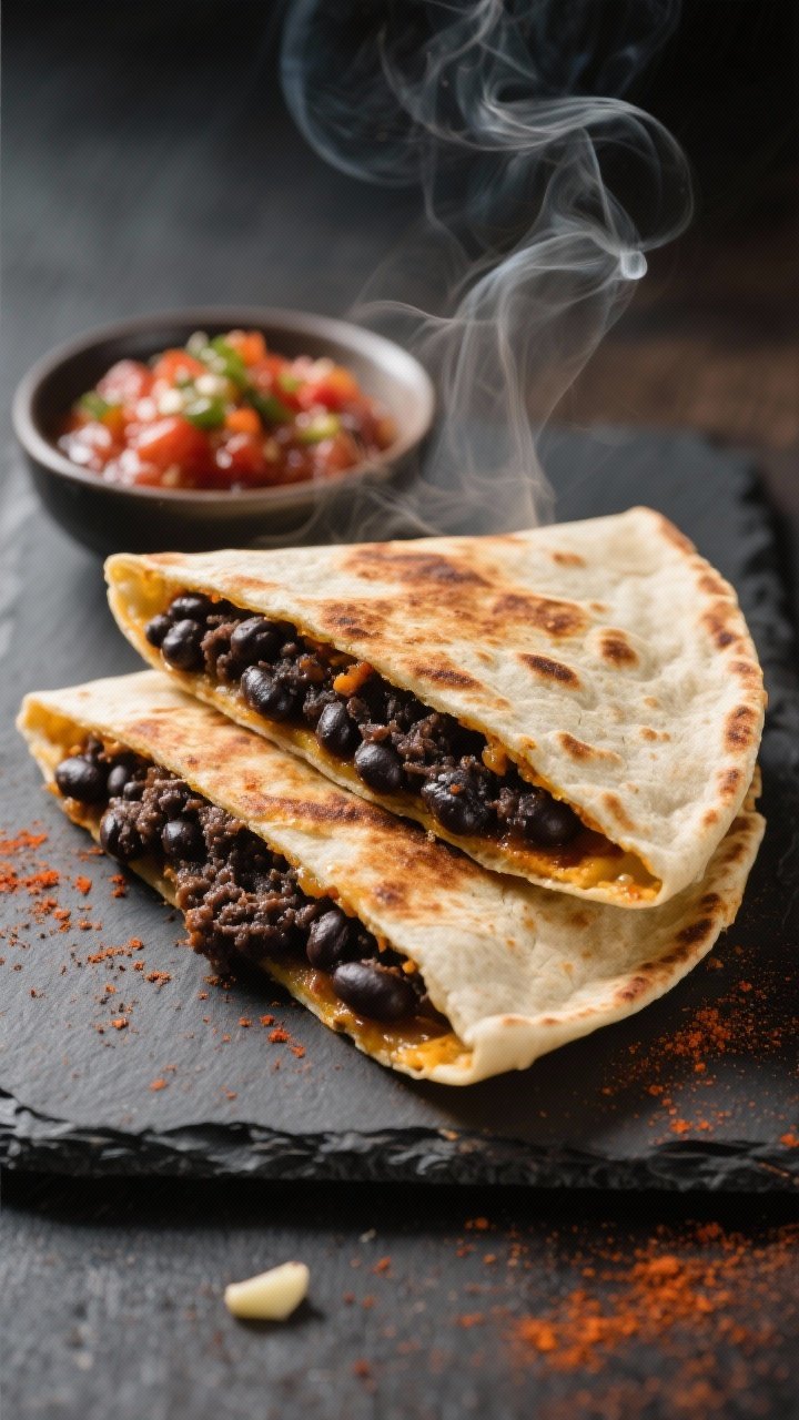 Straight-on plated shot of smoky black bean quesadilla pockets: folded, sealed tortillas brushed with oil and air-fried until blistered and golden, cut to reveal a mashed black bean filling seasoned with chili powder, smoked paprika, cumin, garlic powder, and salt. Stacked on a slate board with a small dish of salsa; wisps of steam and smoky warmth, crisp edges in focus.