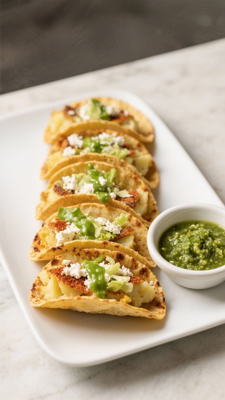 Straight-on plated street-food shot: crispy potato tacos (tacos de papa) lined up on a simple white platter, small corn tortillas folded and air-fried until blistered and crunchy, filled with cumin- and chili powder–seasoned mashed potatoes; topped with shredded lettuce, crumbled cotija, and a generous drizzle of bright green salsa verde; a small bowl of extra salsa on the side, clean Mexican taquería feel.