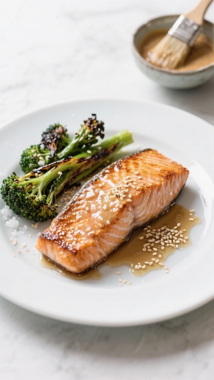 Straight-on plating of miso-garlic salmon fillets with crisped skin, lacquered with a glossy white miso, maple/honey, and rice vinegar glaze; arranged next to charred-tipped broccolini tossed with olive oil and a whisper of kosher salt; sesame seeds sprinkled lightly, with a small brush and bowl of miso glaze in the background; clean, modern Japanese-inspired styling.