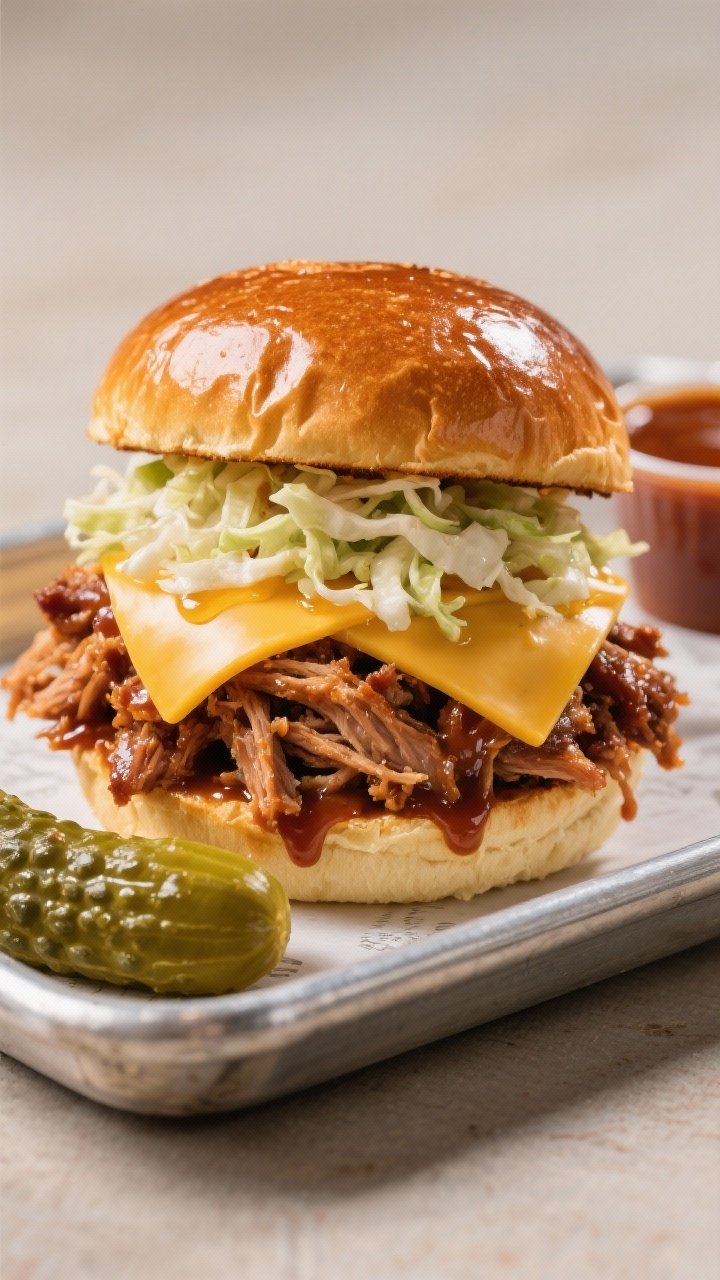 Straight-on, saucy final shot of a Smoky BBQ Pulled Pork & Slaw Sando: shiny brioche bun lightly toasted, piled high with pulled pork tossed in barbecue sauce, two cheddar slices softened at the edges, and a heaping layer of creamy coleslaw spilling slightly. Brush of butter on the bun top catching light. Serve on a metal tray with a pickle spear and extra BBQ sauce cup; vibrant, sticky, indulgent look.
