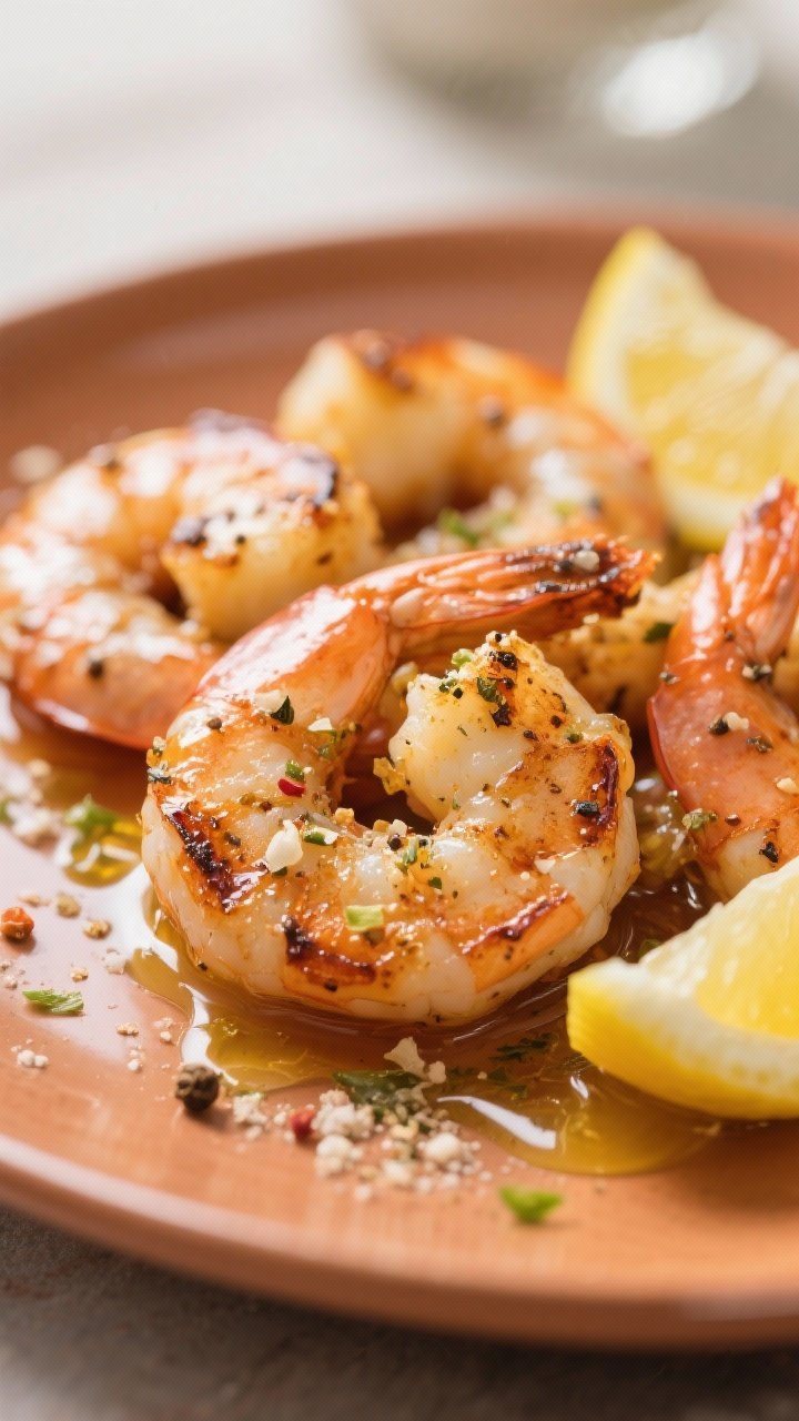 Straight-on, shallow depth-of-field shot of lemon pepper shrimp on a warm plate, lightly charred and shimmering with olive oil. Coarse lemon pepper seasoning and garlic powder specks visibly clinging to the shrimp; lemon wedges and a light zest sprinkle scattered around. Clean, bright styling to emphasize citrusy aromas and peppery bite.