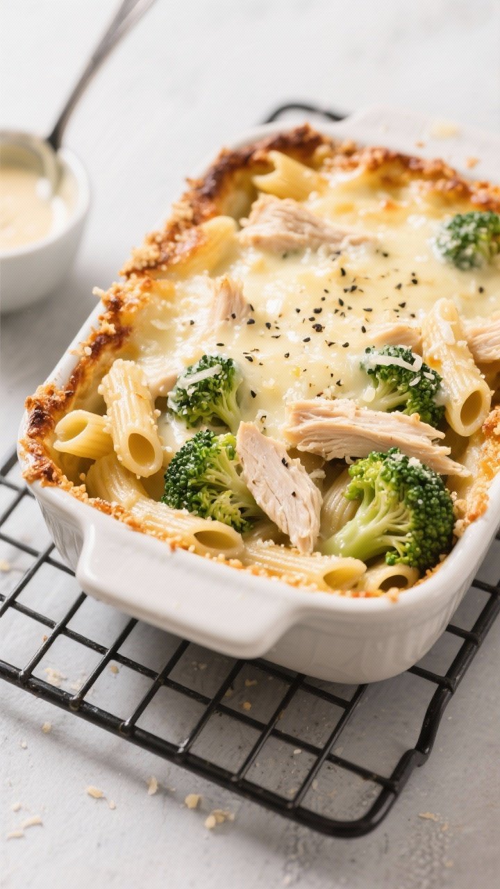 Straight-on shot of a bubbling garlic-Parmesan chicken and broccoli pasta bake in a small air-fryer-safe dish: al dente short pasta folded with shredded chicken, blanched broccoli florets, a creamy milk-based Parmesan sauce, and a golden low-moisture mozzarella crust, speckled with black pepper and breadcrumbs. Cheese browned and slightly stretchy at the edge; set on a cooling rack with a ladle of sauce nearby.