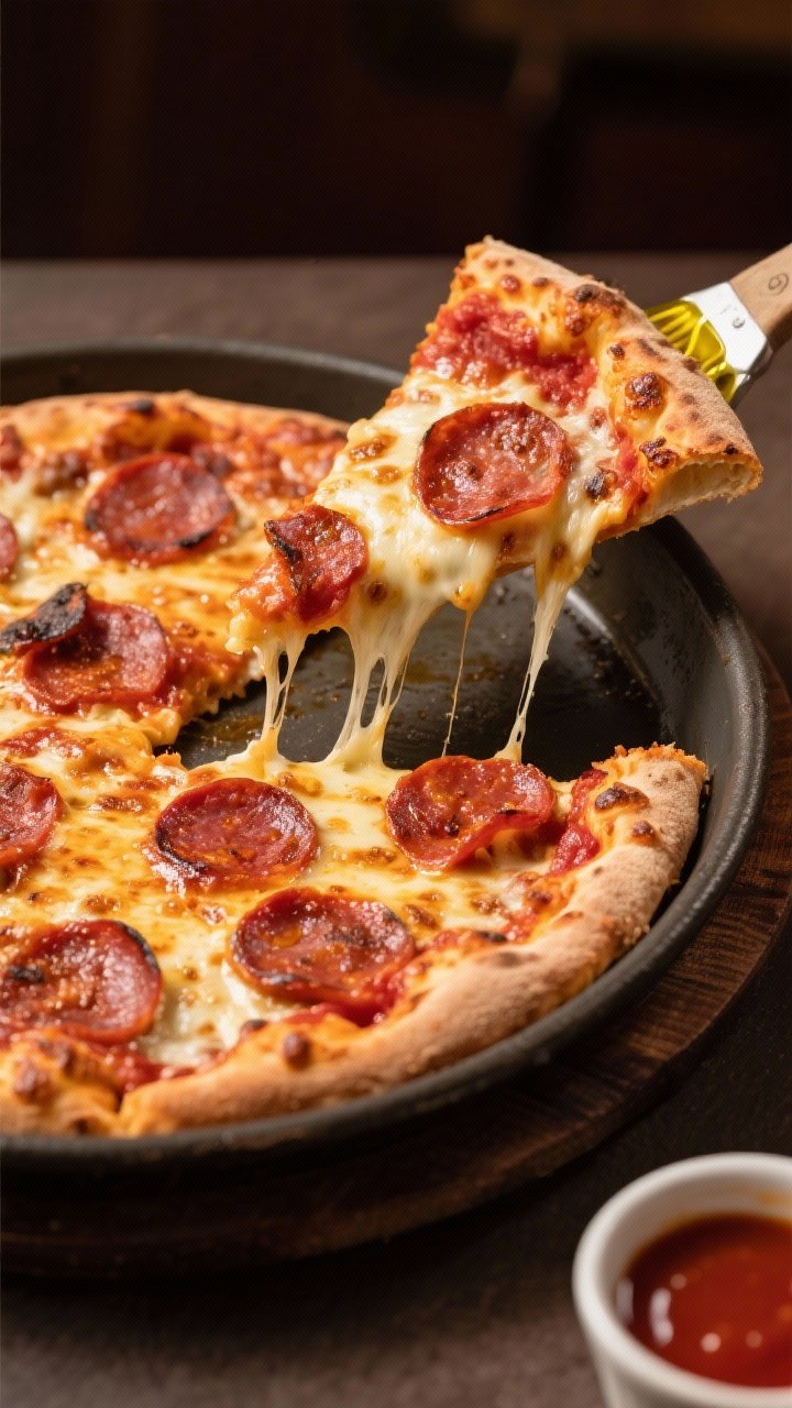 Straight-on shot of a Pizza Hut personal pan pizza in an 8–9-inch dark pan: crisp, oil-fried edges with frico cheese bubbles, evenly melted low-moisture mozzarella, pepperoni cups with charred rims, and rich red pizza sauce peeking through; a brush with olive oil and a small bowl of extra sauce nearby; molten cheese pull on one slice, cozy pizzeria ambiance.