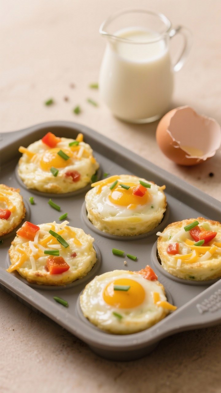 Straight-on shot of breakfast egg bites resting in a silicone mold just removed from the air fryer: fluffy, set custardy texture with visible bits of shredded cheese and diced bell pepper; a small pitcher of milk beside cracked eggshells to hint at the batter (eggs, milk, salt, pepper); a few scattered chives on top, warm neutral background.