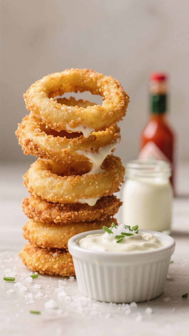 Straight-on shot of buttermilk ranch air fryer onion rings stacked tall, revealing airy interiors and a crunchy, mottled coating from panko and fine cornmeal; buttermilk and a dash of hot sauce noted via a small jar of buttermilk and hot sauce bottle blurred behind; served with a ramekin of ranch dip sprinkled with chives; salt crystals visible on the rings; neutral backdrop to emphasize golden color and crisp edges.
